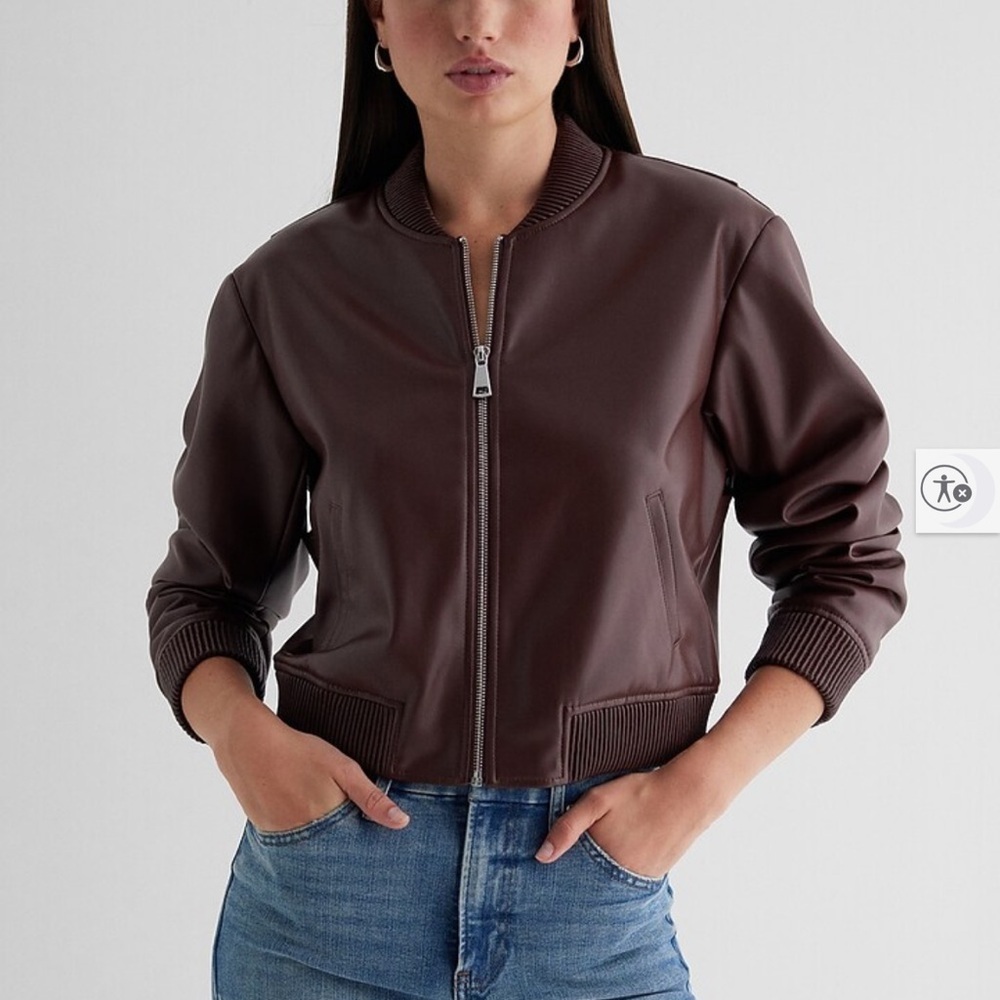 Black Faux Leather Cropped Bomber Jacket Size XL